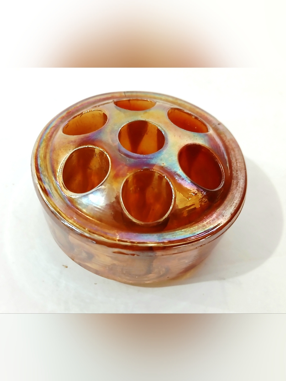 Vintage Iridescent Marigold Carnival Glass Flower Frog